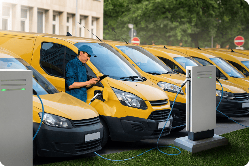 Fleet of yellow electric vehicles charging at curbside stations