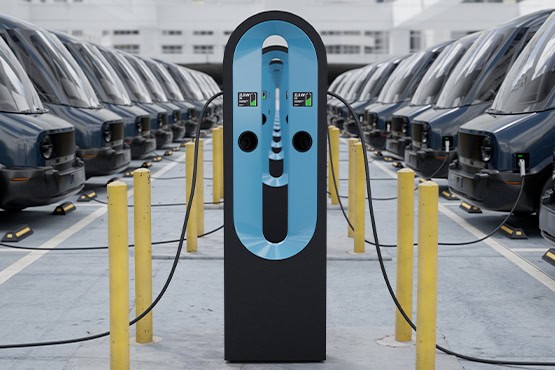 Front view of an electric vehicle charging station with multiple connectors